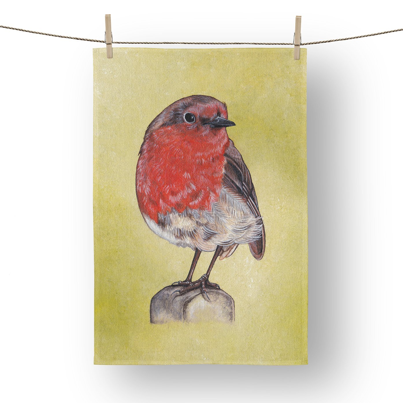 Robin Tea Towel pegged to a line