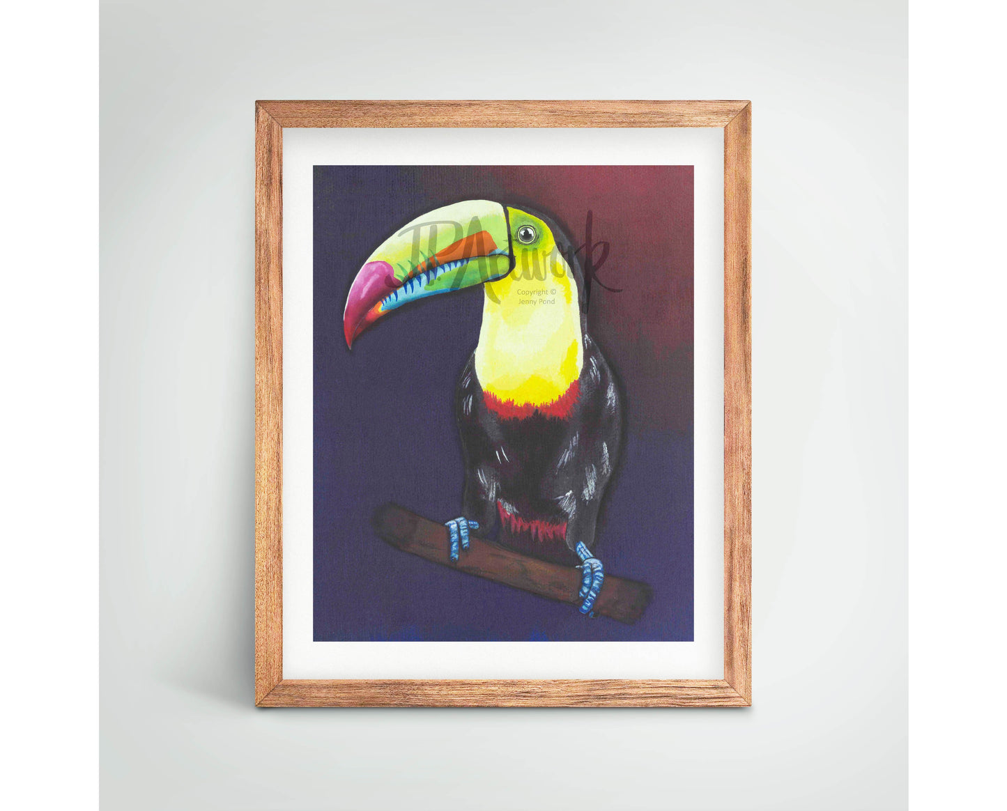 Mock Up of a Toucan Art Print (featuring a toucan perching on a branch) in a wood frame. Artwork by Jenny Pond, JP Artwork