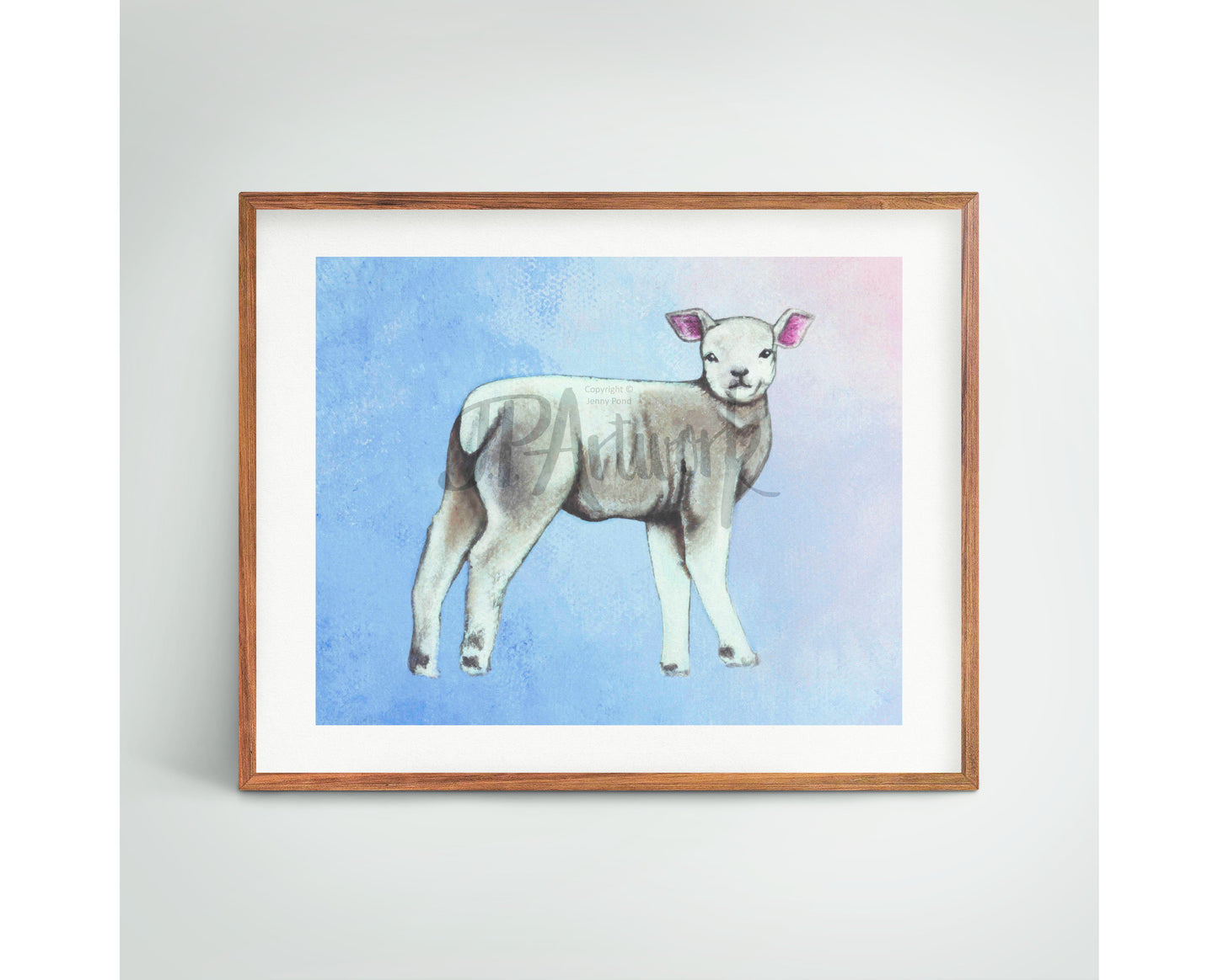 Mock Up of a Lamb Art Print in a wood frame. Artwork by Jenny Pond, JP Artwork