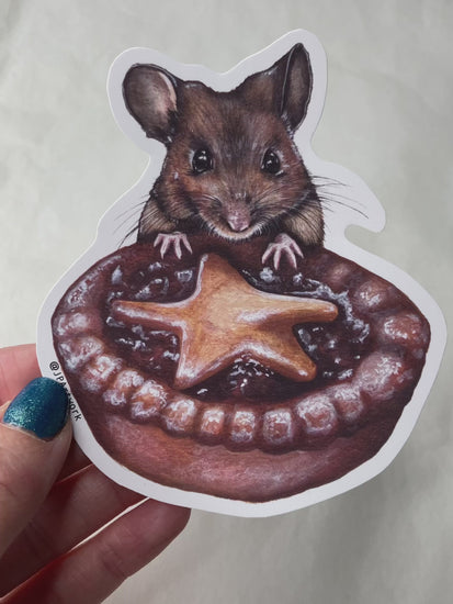 Mouse with a Mince Pie Vinyl Sticker Die Cut by Jenny Pond