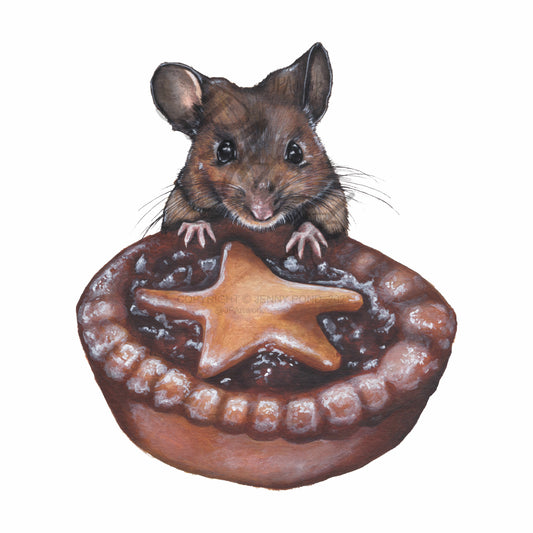 Mouse with a mince pie limited edition print. Archival giclee print, hand-finished details, by jenny pond