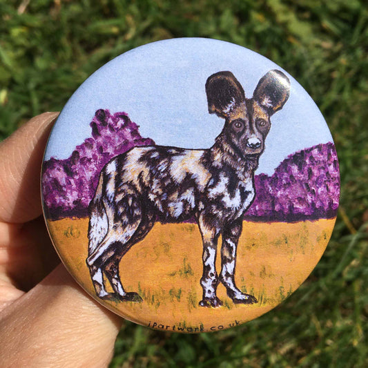 African Wild Dog Large Pin Badge by Jenny Pond, JPArtwork