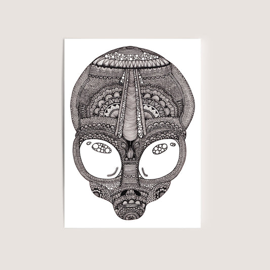 Alien Head 2, Extraterrestrial Mini Print Postcard. Gift for Sci-fi and Space Lovers, artwork by Jenny Pond