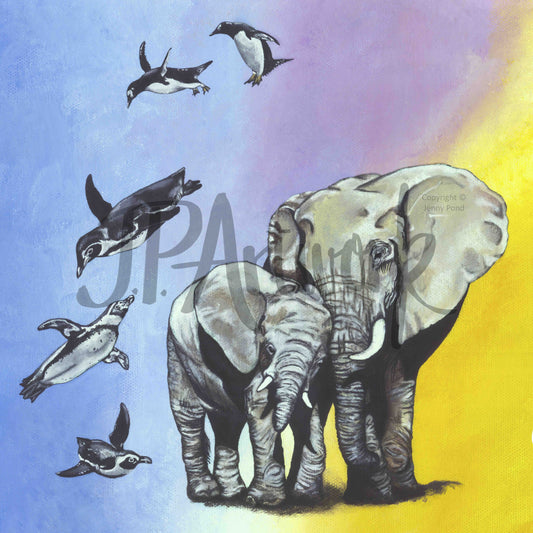 Art Print featuring an African Elephant mother and baby, and 5 Penguins. Artwork by Jenny Pond, JP Artwork