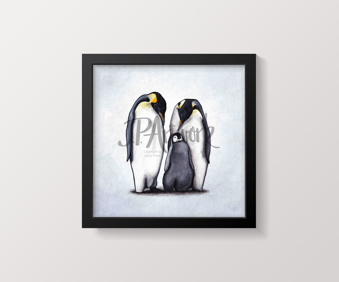 A family of 3 penguins - parents with their newborn baby - on a white background, in a black square frame. Artwork is from an original painting by Jenny Pond, JP Artwork