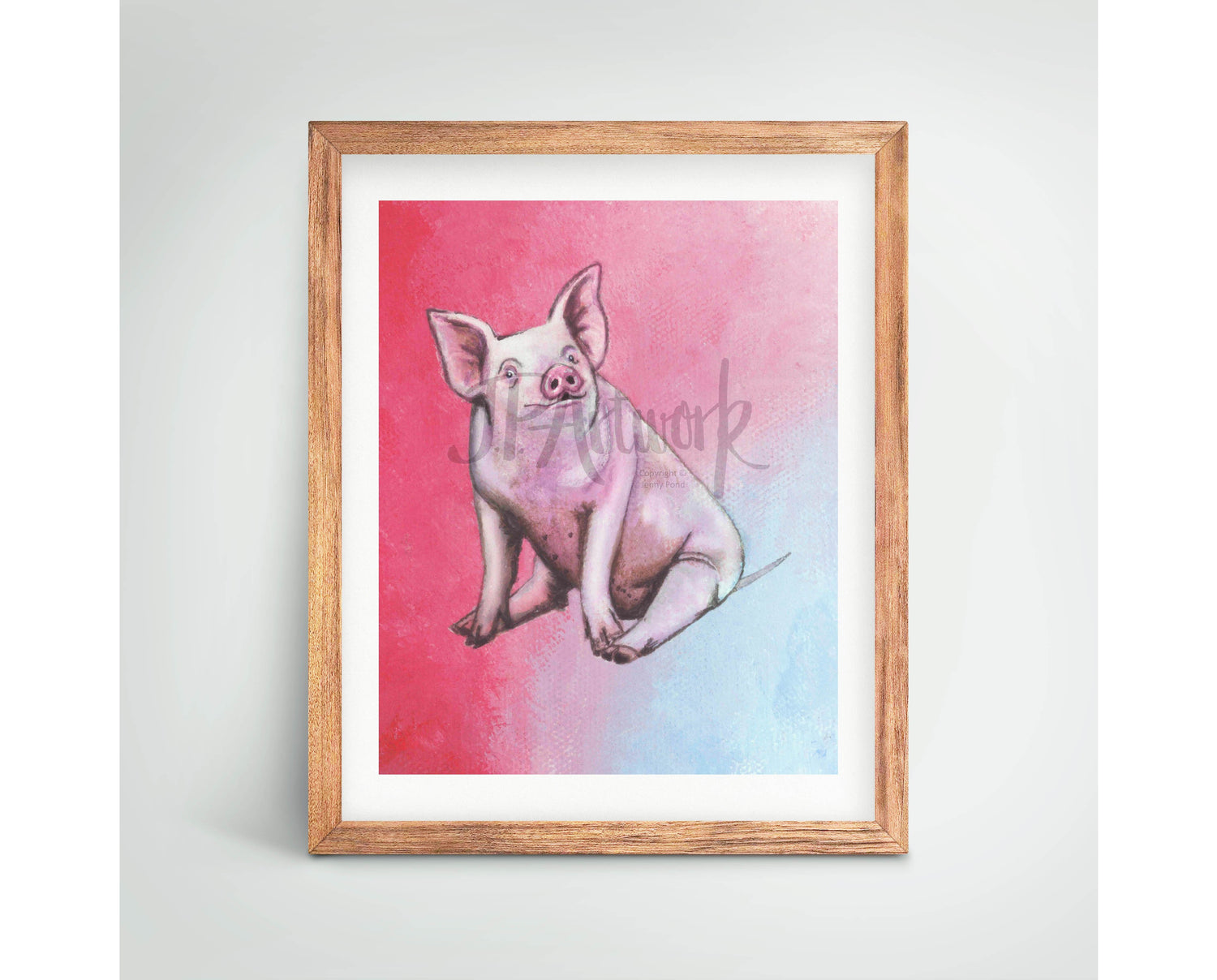 Mock Up of a Pig Art Print (featuring a young pig sitting down) in a wood frame. Artwork by Jenny Pond, JP Artwork