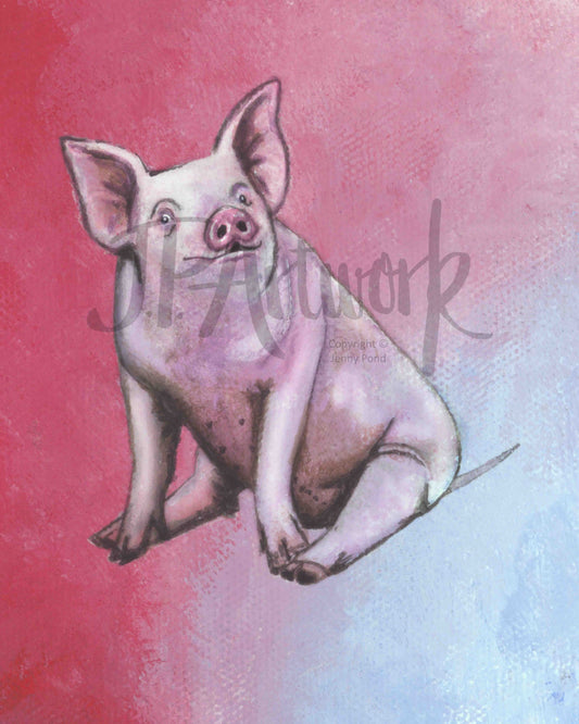 Pig Art Print featuring a young pig sitting down on a pink and blue background. Artwork by Jenny Pond, JP Artwork