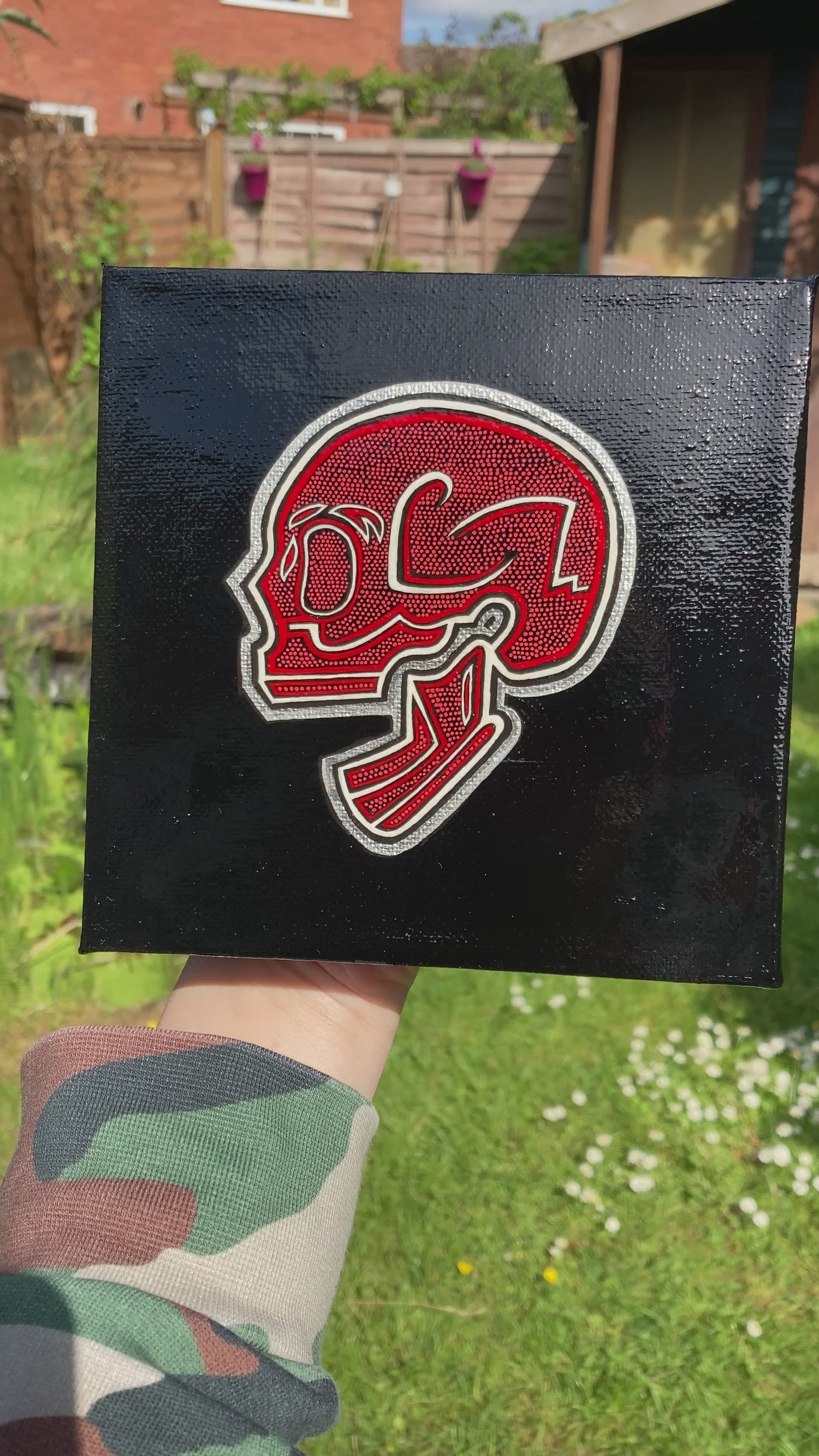 Red and white Skull on a Glossy Black Canvas, Original Painting by Jenny Pond