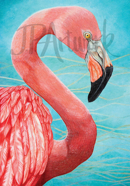 Watermarked image of the official 'Flamingo Portrait' print. The flamingos head is facing right, and the neck and top of top are visible. The bright pink bird is on an aqua blue background) The art used is from an original Acrylic painting by Jenny Pond, JP Artwork
