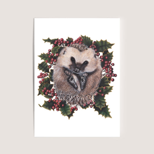 Hedgehog among Holly Leaves Mini Print Postcard, Artwork by Jenny Pond