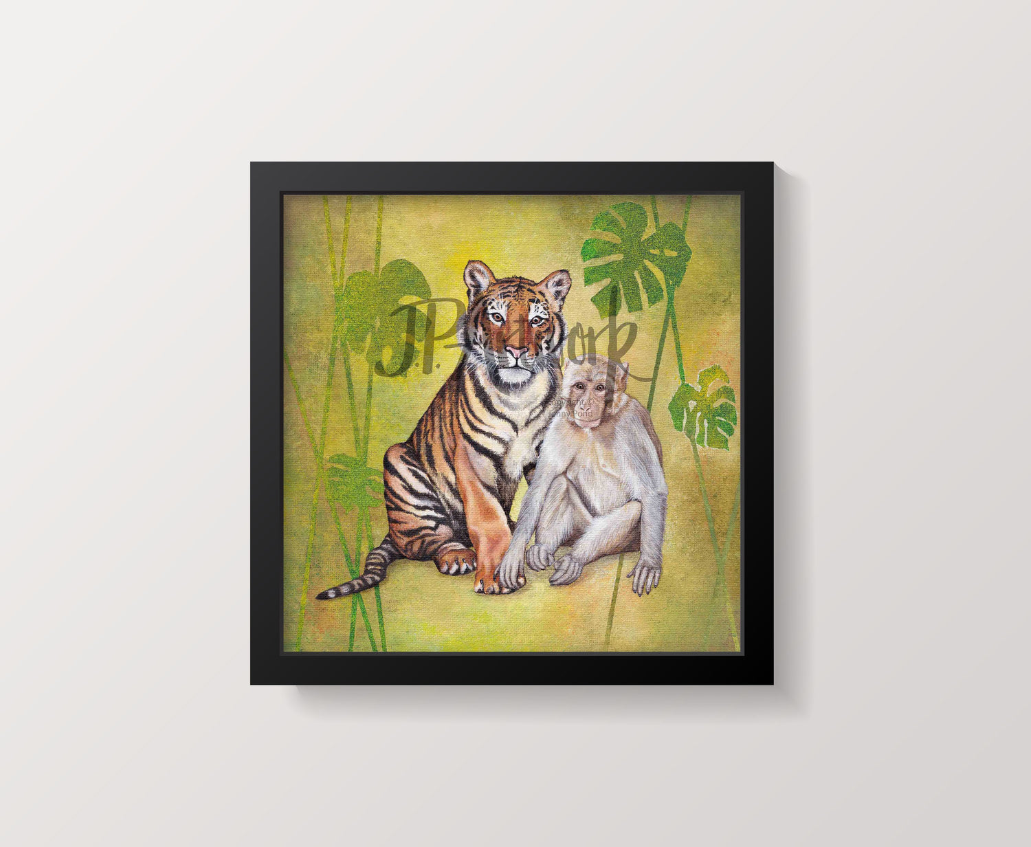 Tiger and Monkey art print; image shows shows them on a green background with monstera leaves, mocked up in a square wooden frame. Artwork is taken from an original acrylic painting by Jenny Pond, JP Artwork