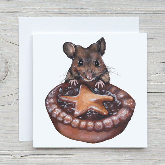 Mouse with mince pie christmas greetings card