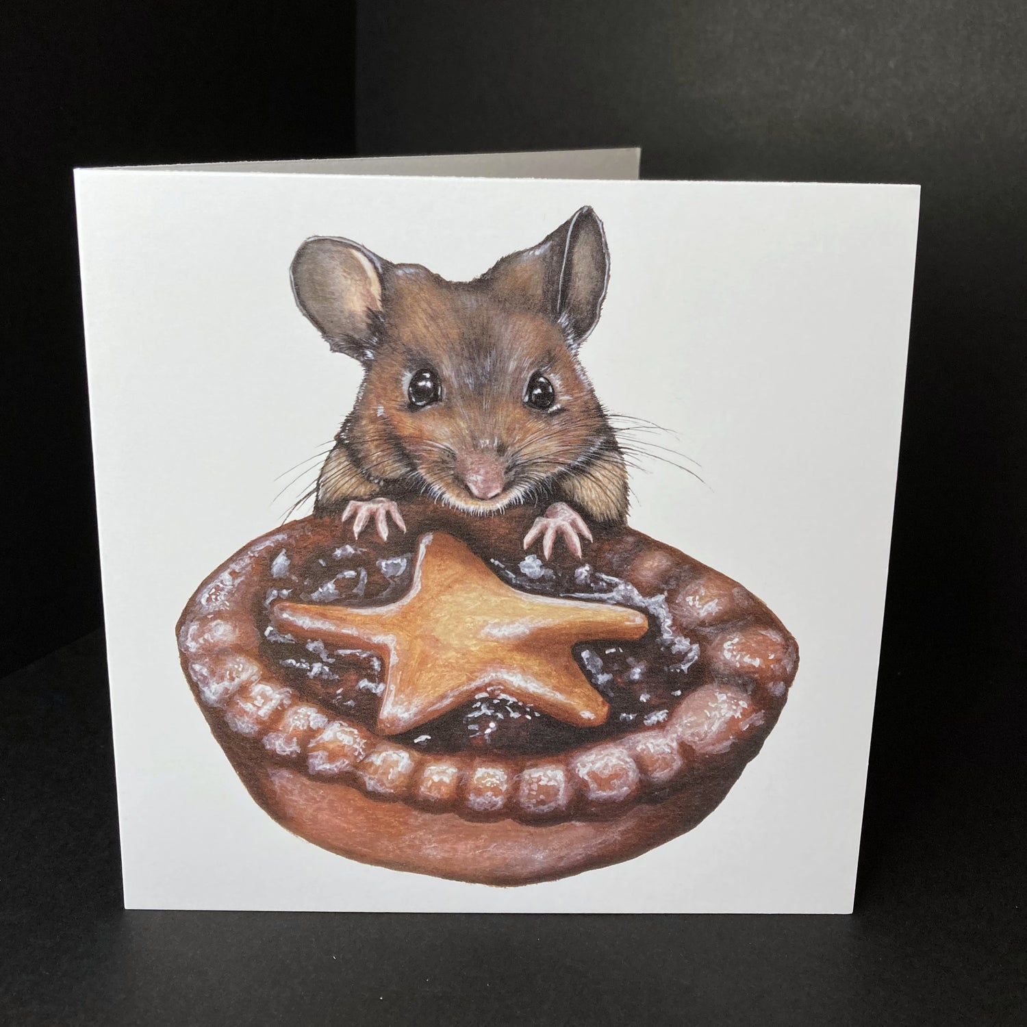 Mouse with mince pie christmas greetings card