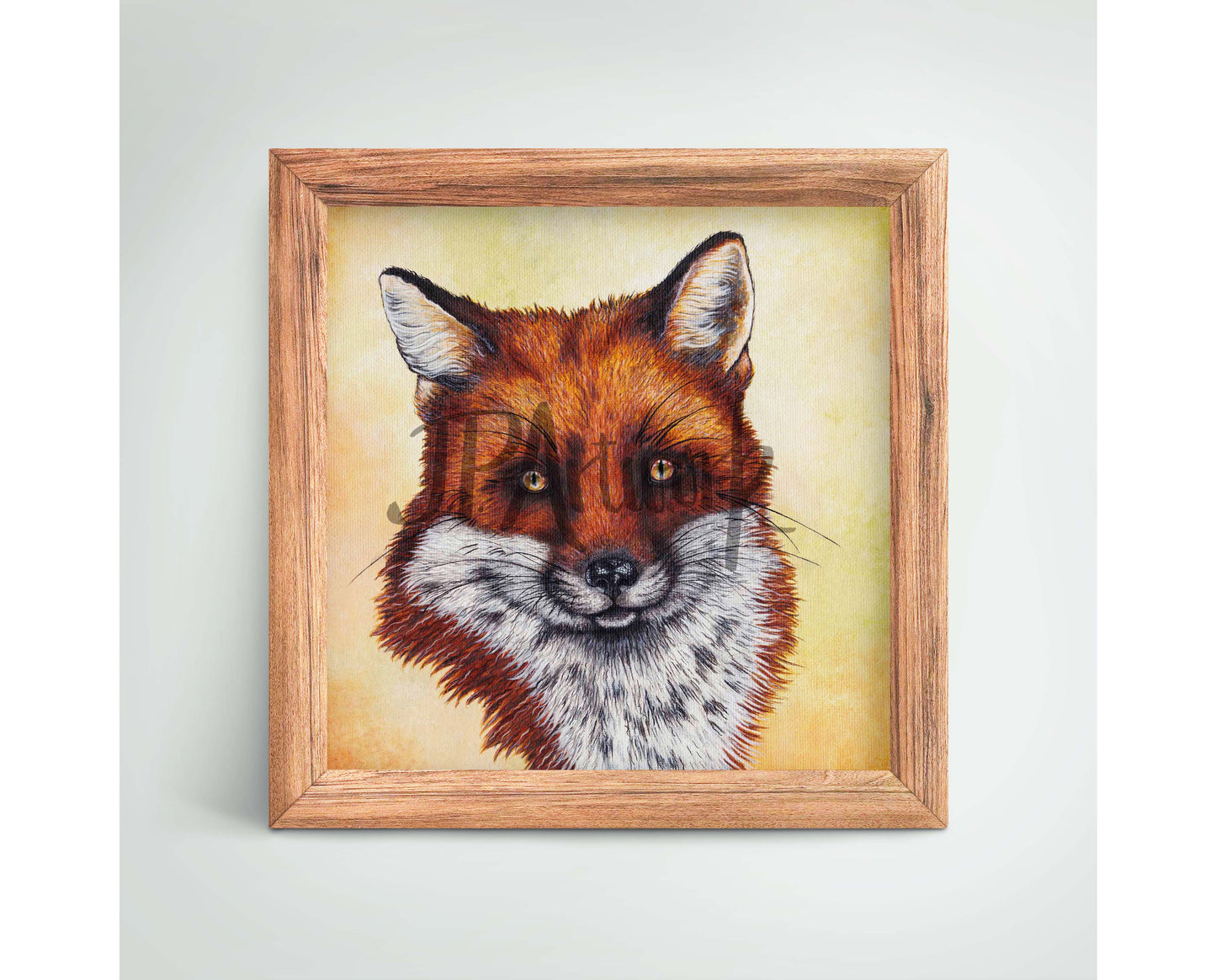 Fox portrait art print; image shows a foxes face floating on an autumnal yellow and orange background. This image shows a mock up of the print in a square wooden frame. Artwork is taken from an original acrylic painting by Jenny Pond, JP Artwork