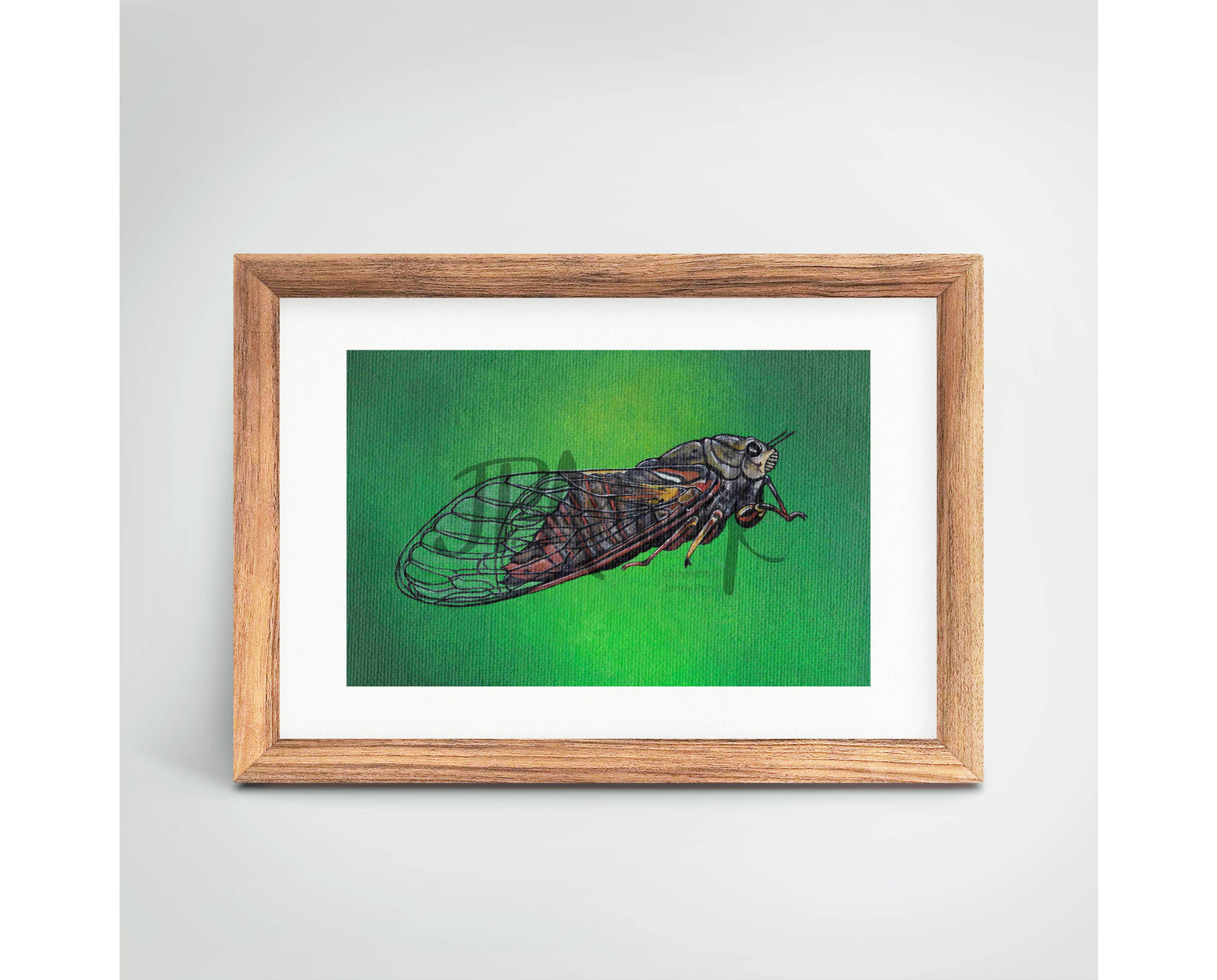 Mock Up of a New Forest Cicada Art Print  in a wooden frame. Artwork by Jenny Pond, JPArtwork