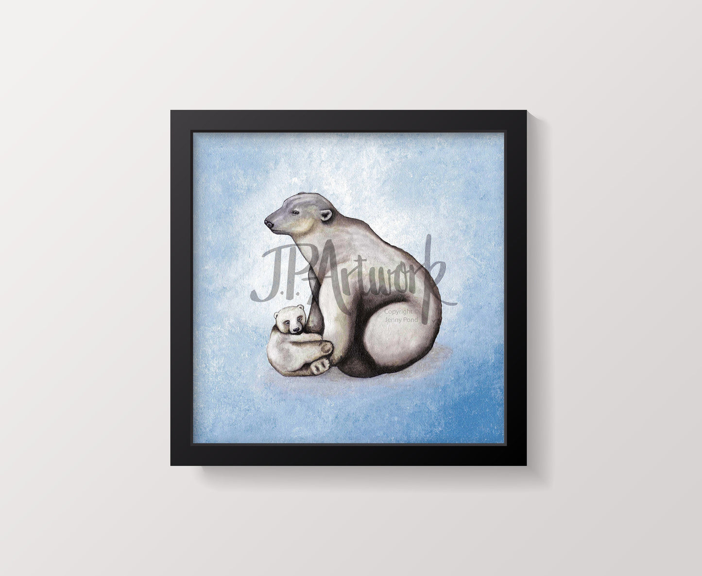 Mock Up of a Polar Bear Art Print (featuring a mother polar bear with her baby) in a wood frame. Artwork by Jenny Pond, JP Artwork