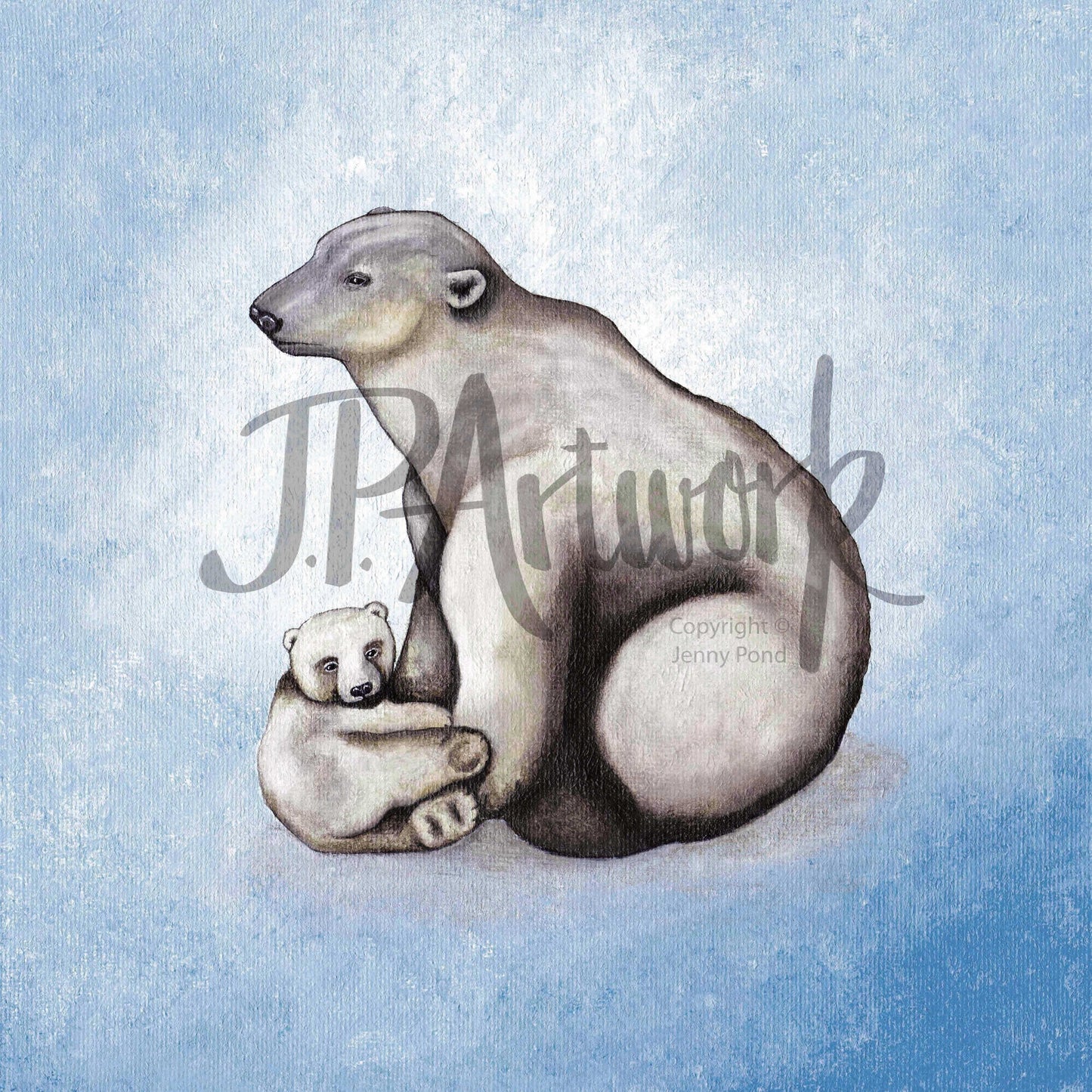 Polar Bear Art Print featuring a Polar Bear on a blue background. Artwork by Jenny Pond, JP Artwork