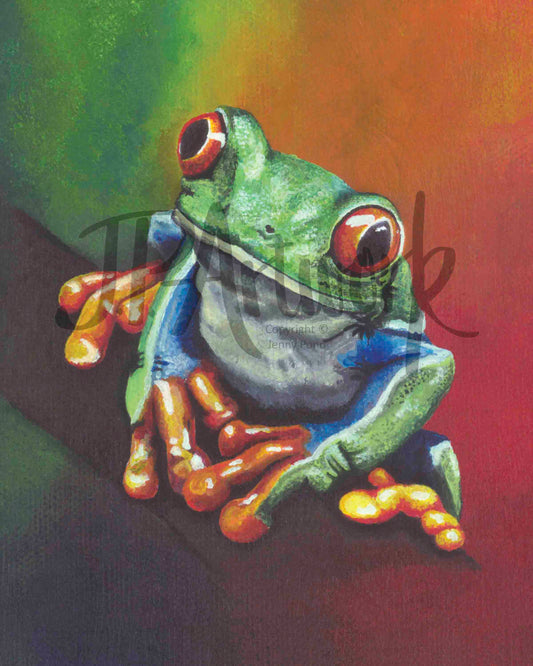 Treefrog Art Print featuring a frog sitting on a branch with a colourful background. Artwork by Jenny Pond, JP Artwork