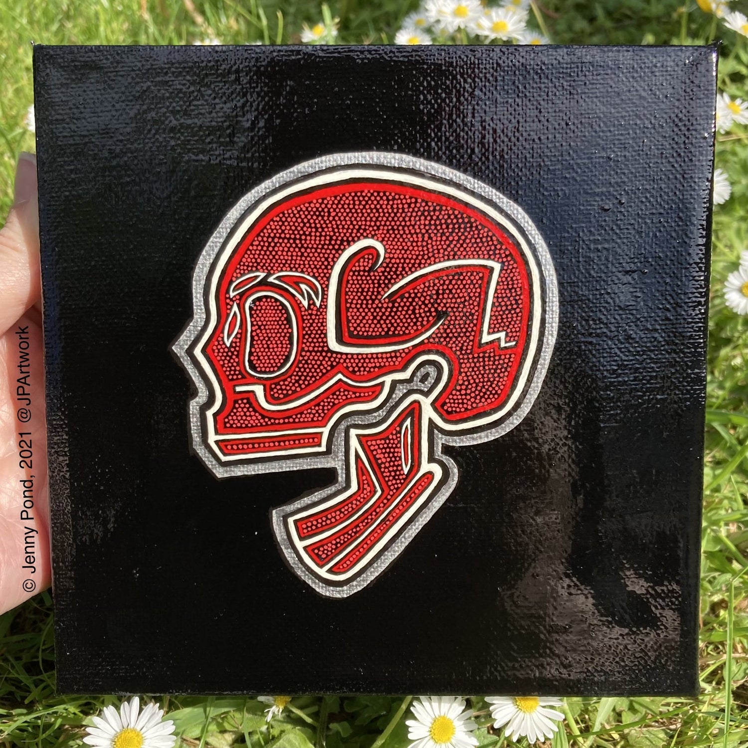 Red and white Skull on a Glossy Black Canvas, Original Painting by Jenny Pond