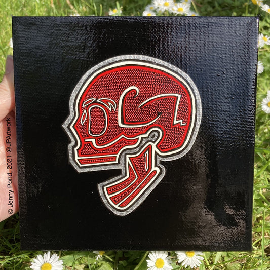 Red and white Skull on a Glossy Black Canvas, Original Painting by Jenny Pond