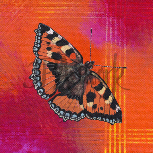 Art Print featuring a Small Tortoiseshell Butterfly on n orange, pink and yellow background. Artwork by Jenny Pond, JPArtwork