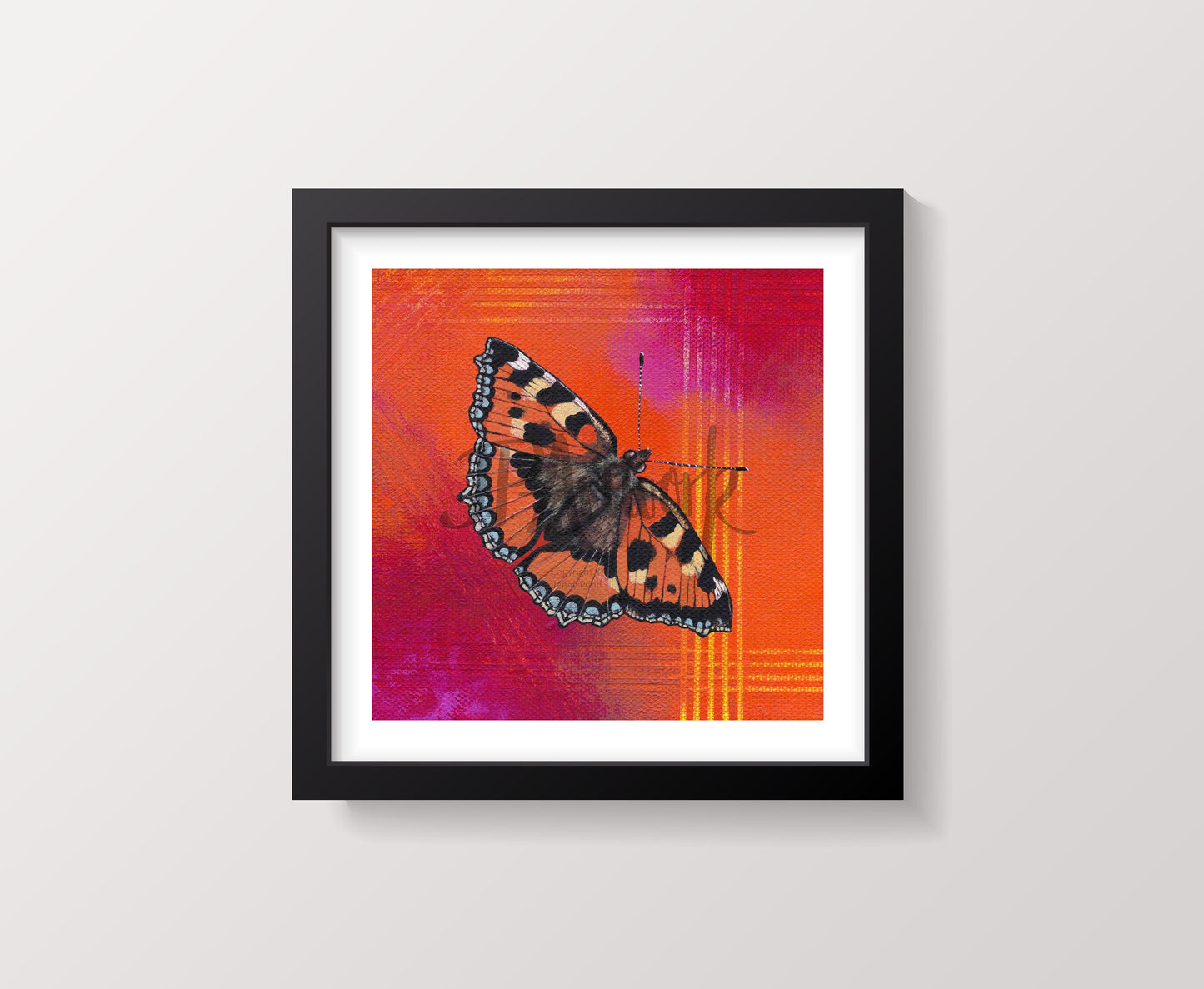 Mock Up of a Butterfly Art Print in a black square frame. Artwork by Jenny Pond, JPArtwork